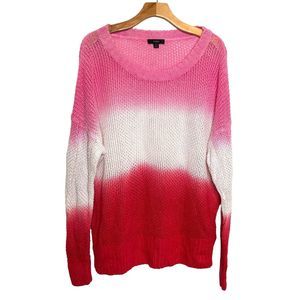 J. Crew Linen Color Block Crewneck Open Knit Sweater Size Large Pink White Red